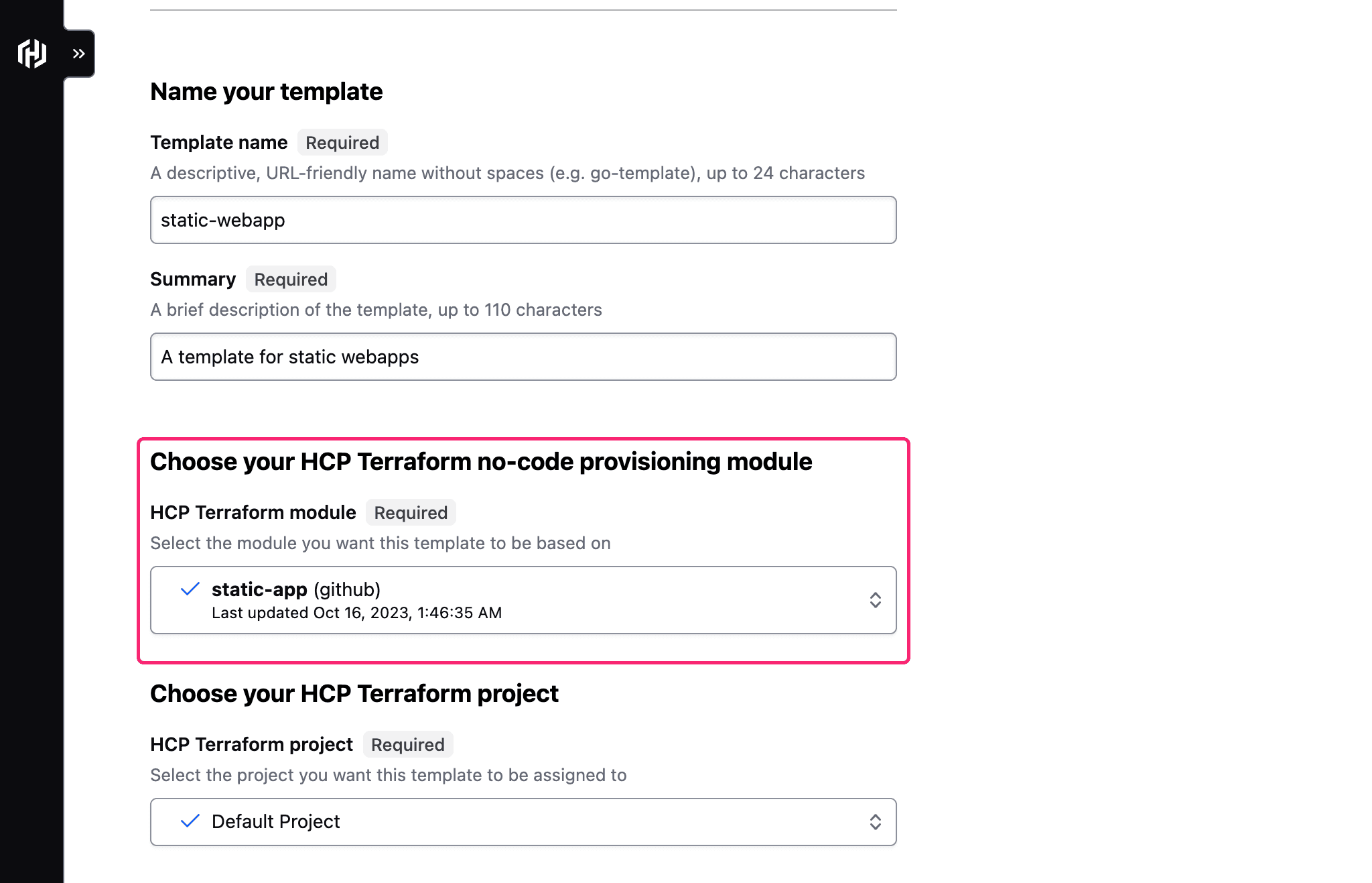 HCP Waypoint template creation page with the no-code module selected